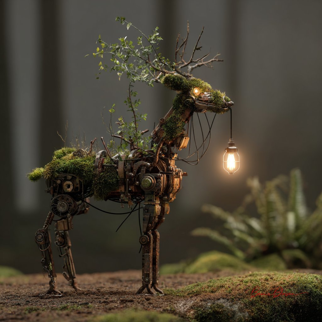Mossy Forest at Night with Mechanical Deer