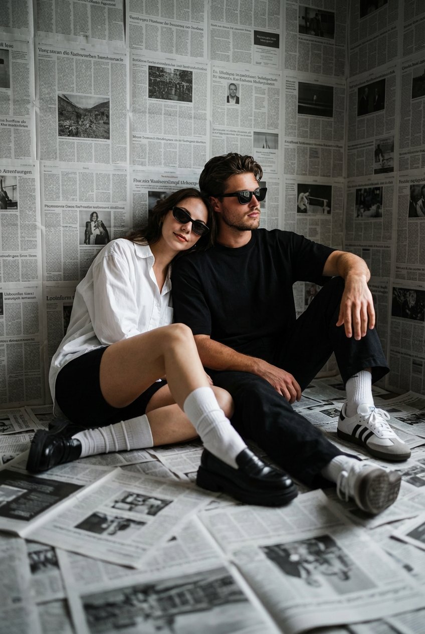 Cinematic Editorial Portrait of a Couple in a Room Covered in Newspapers