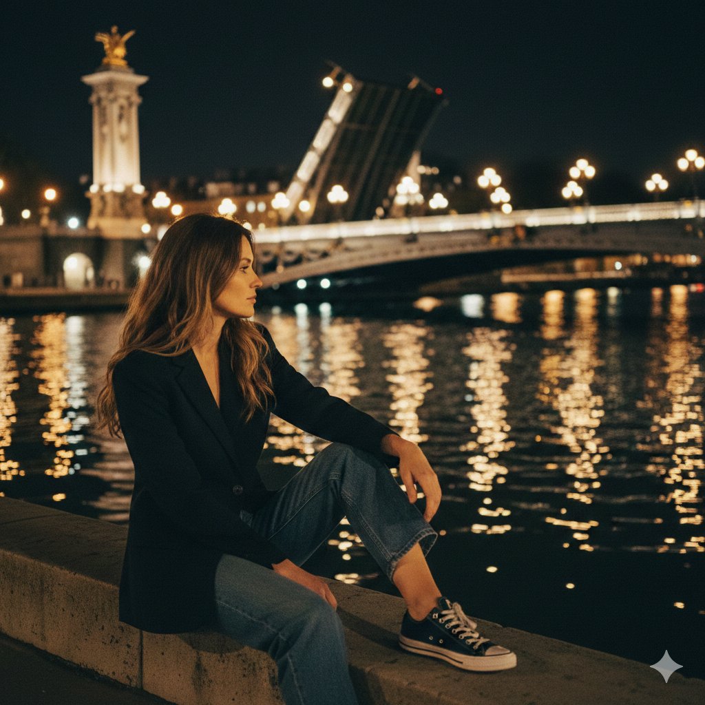 Nighttime European Riverside Vogue-style Editorial Portrait