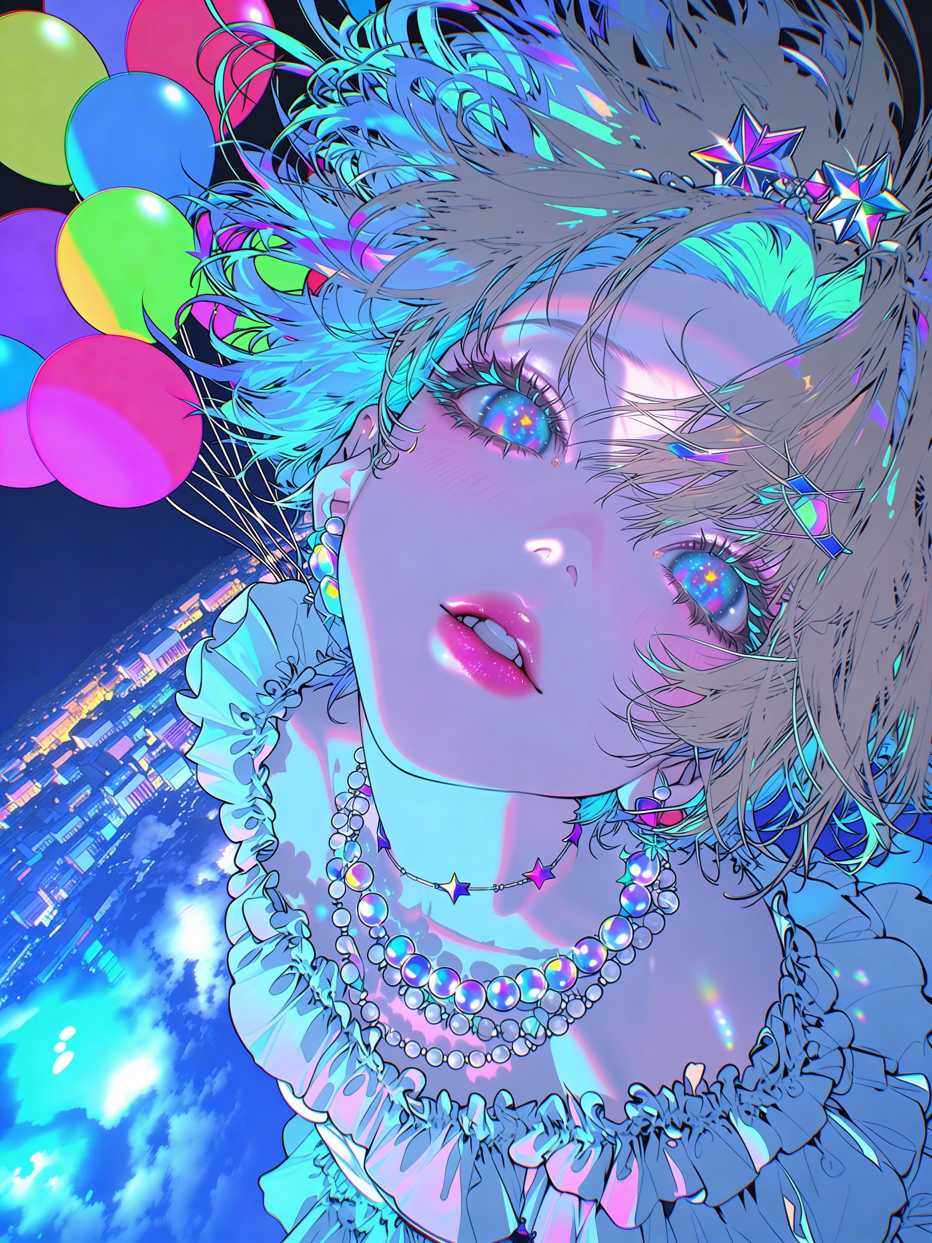 Beautiful Woman Floating with Psychedelic Balloons in the Sky