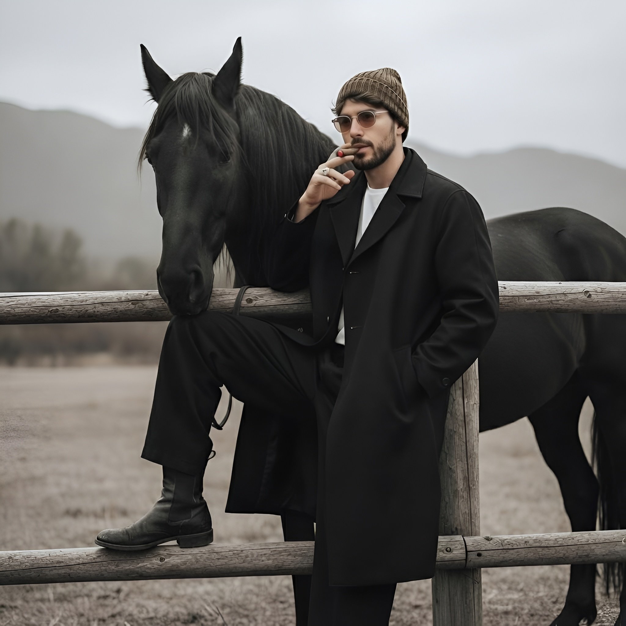 Dark and Mysterious Cinematic Portrait Photography with a Young Man and a Black Horse