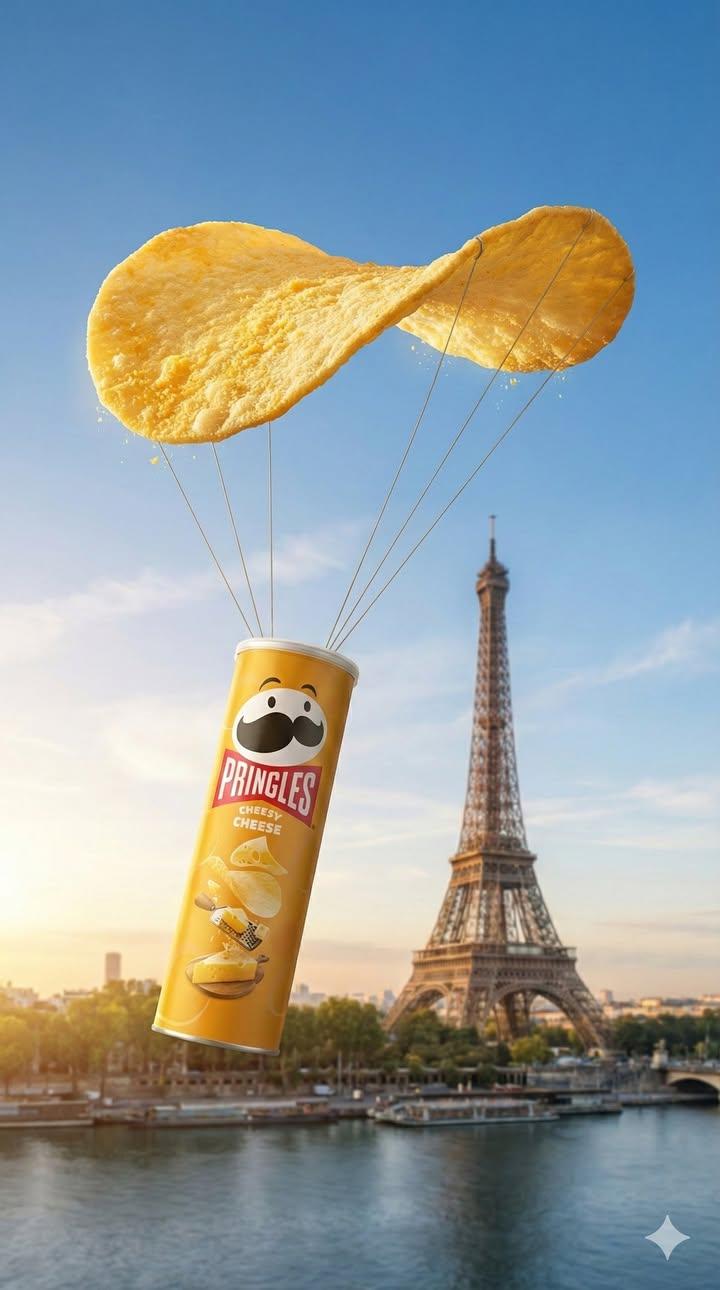 Surreal Cinematic Advertising Photo of Cheese Flavor Pringles Floating in the Sky