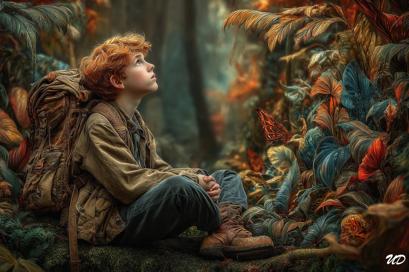 14-Year-Old Red-Haired Boy Jungle Adventure Digital Artwork