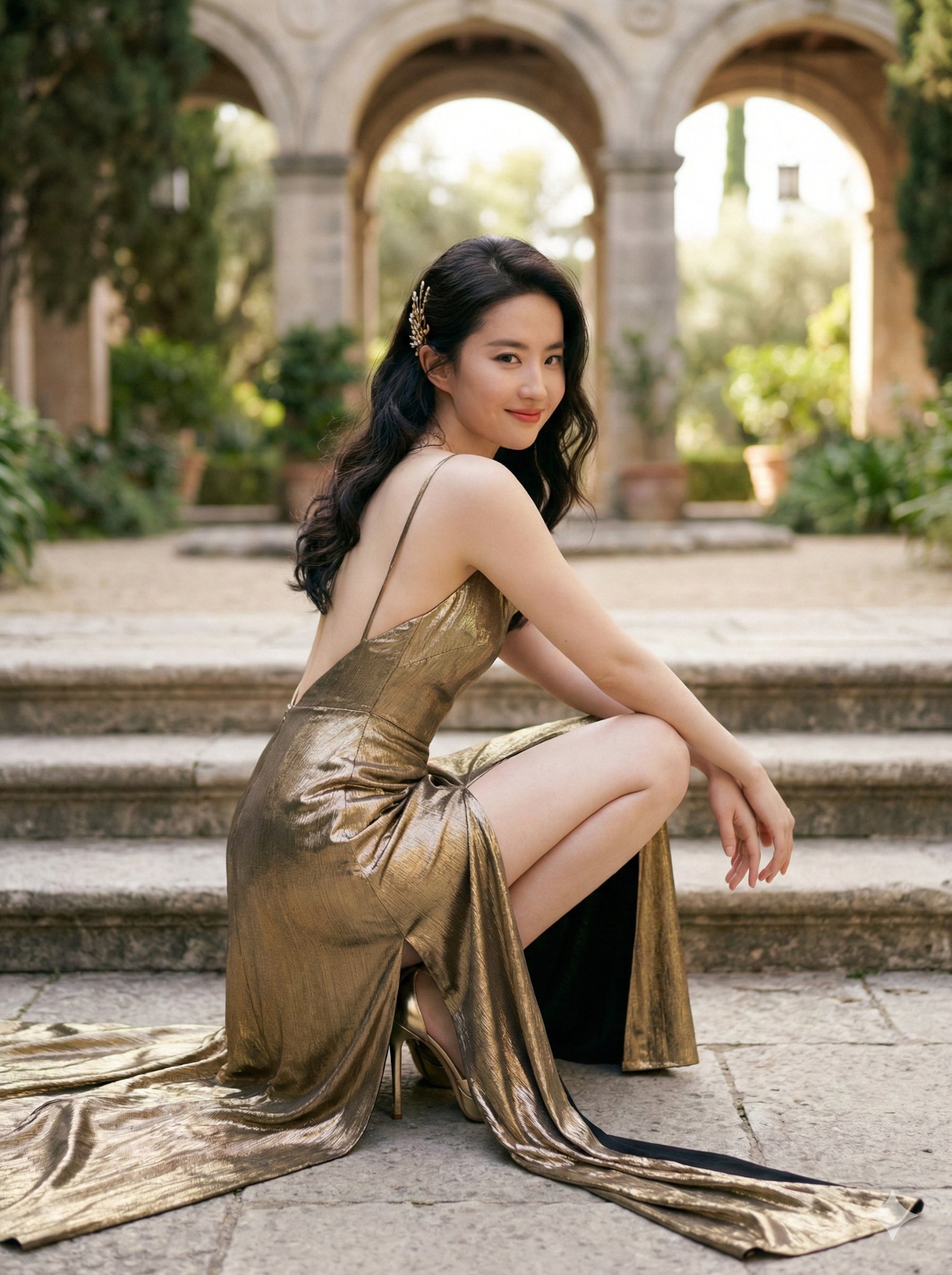 Gorgeous Girl in an Elegant Outdoor Courtyard