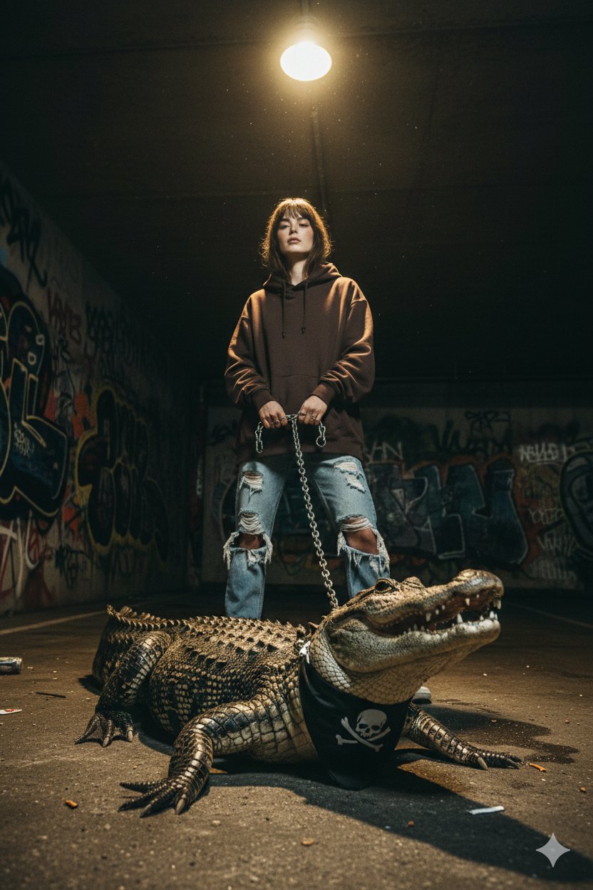 Young Woman with a Large Alligator in an Underground Parking Lot with Graffiti Walls