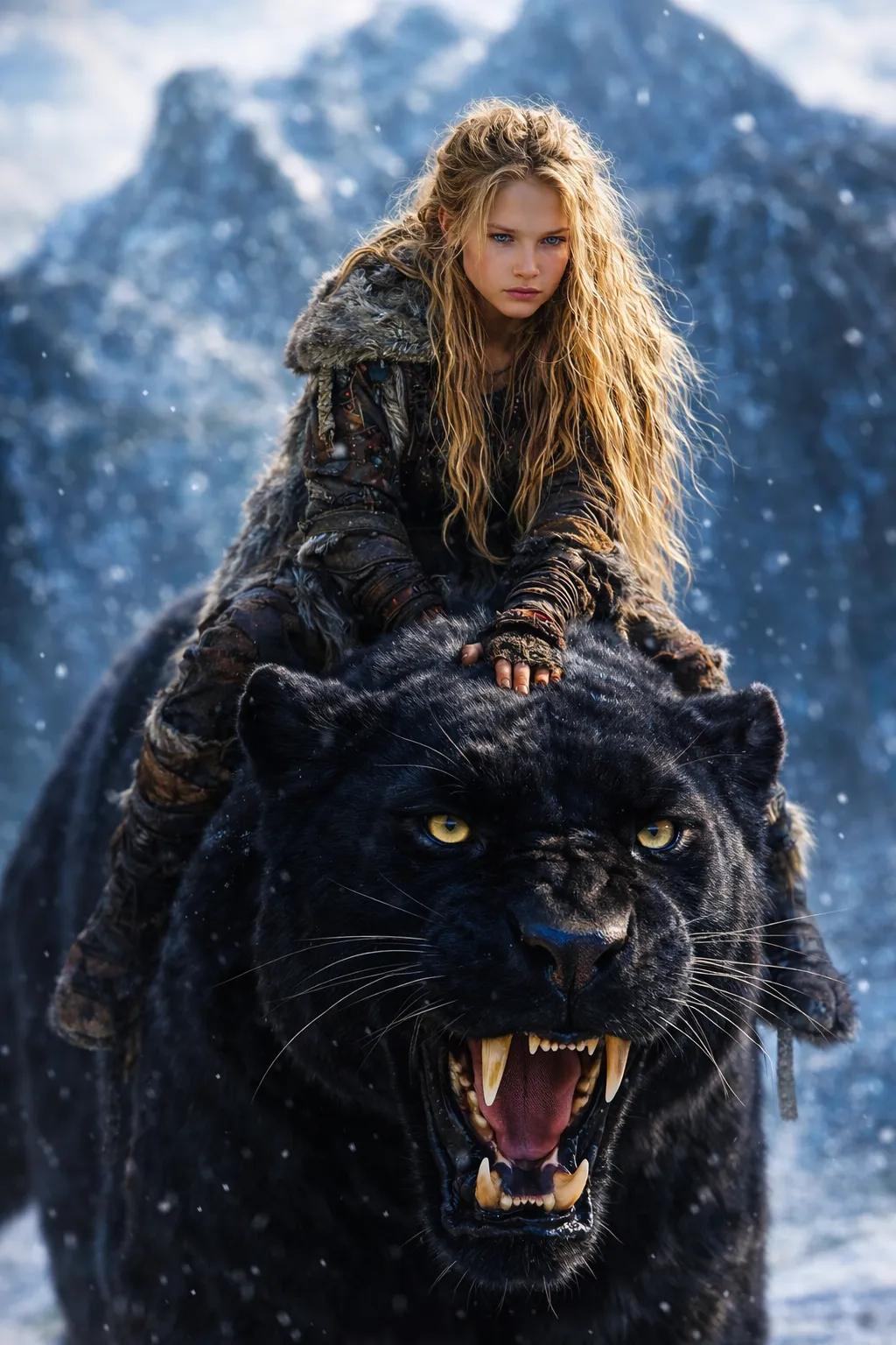 Fierce Fantasy Warrior Woman Riding a Massive Saber-Toothed Lion