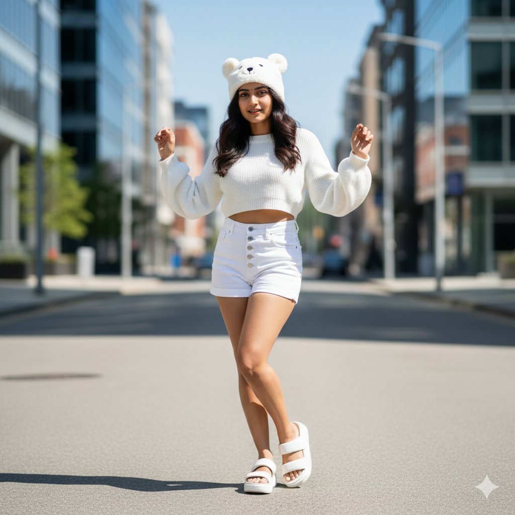 Fluffy White Bear Ear Hat Casual Outfit
