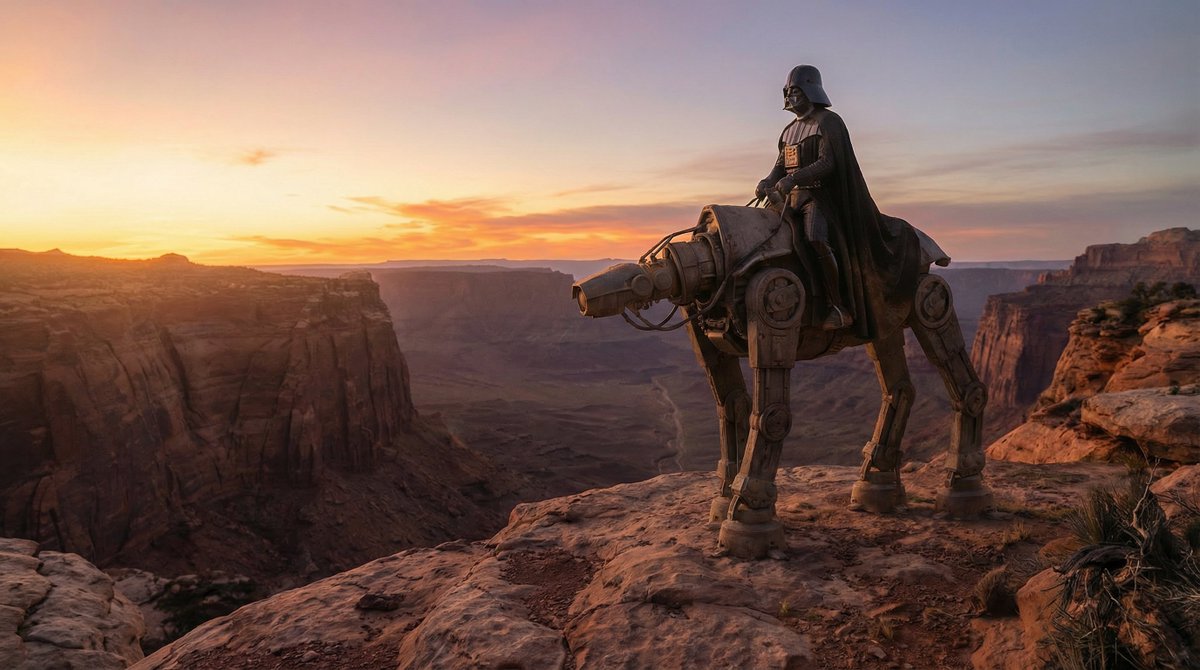 Darth Vader's Journey Through a Desert Canyon, Landscape, nanoBanana-Pro, Photorealistic, Cinematic Lighting reference image, image 2 of 4