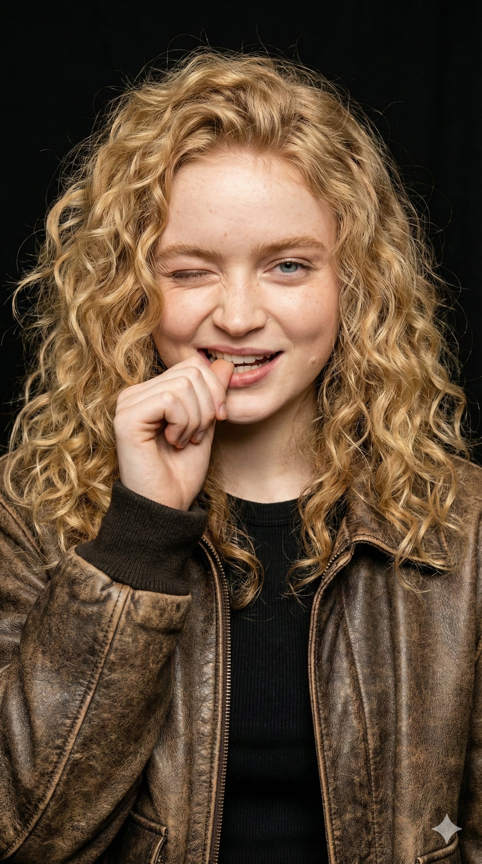 Young Woman, Early 20s, Caucasian, Short Hair, Vintage Leather Jacket, Casual and Confident