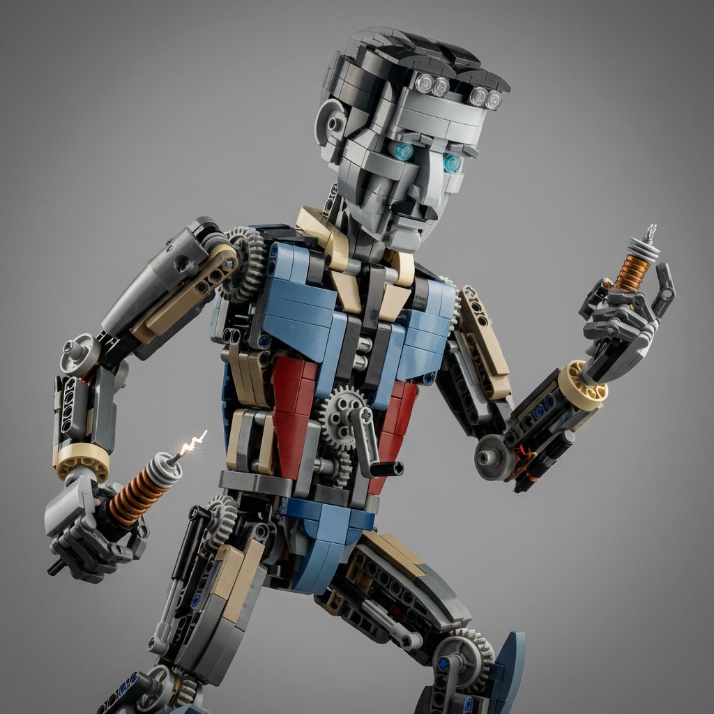 System Instruction for Nikola Tesla: Edit [subject] into a hyper-real macro studio product shot of a LEGO Technic-style kitbash in a clever pose
