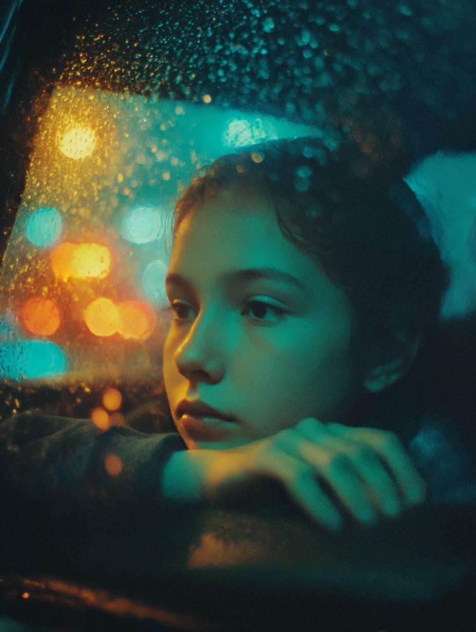 Gemini Nano Banana Pro - Cinematic, Moody Photo of a Child in a Car at Night