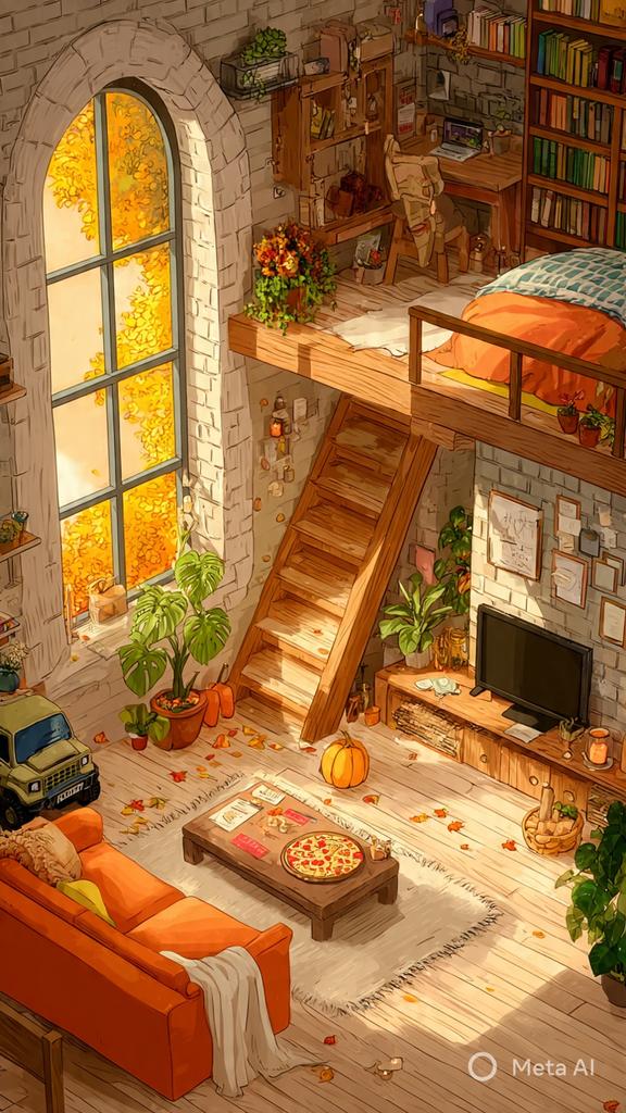 Cozy Autumn Studio Apartment Cartoon Illustration