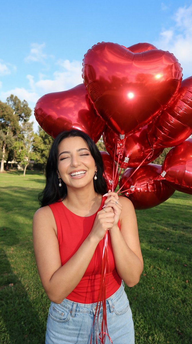 Outdoor Grassy Park Red Heart Balloon Portrait