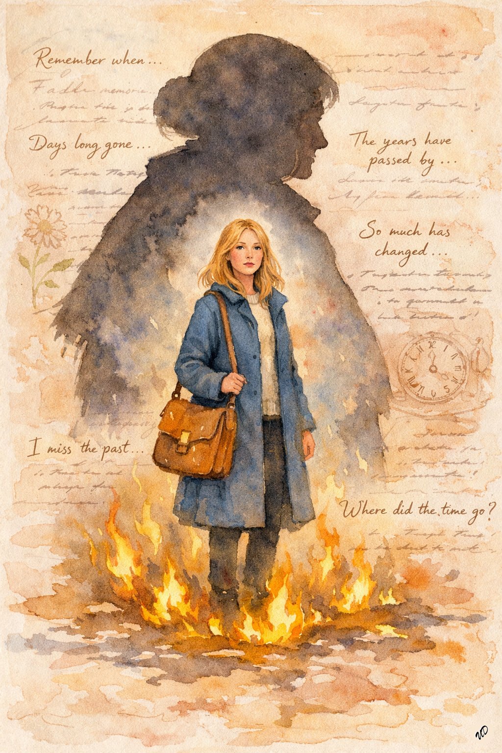 Young Blonde Woman in Blue Coat with Old Woman Silhouette, Carrying Brown Bag, Amidst Yellow Flames and Handwritten Text, in Watercolor Style with Dreamy Atmosphere