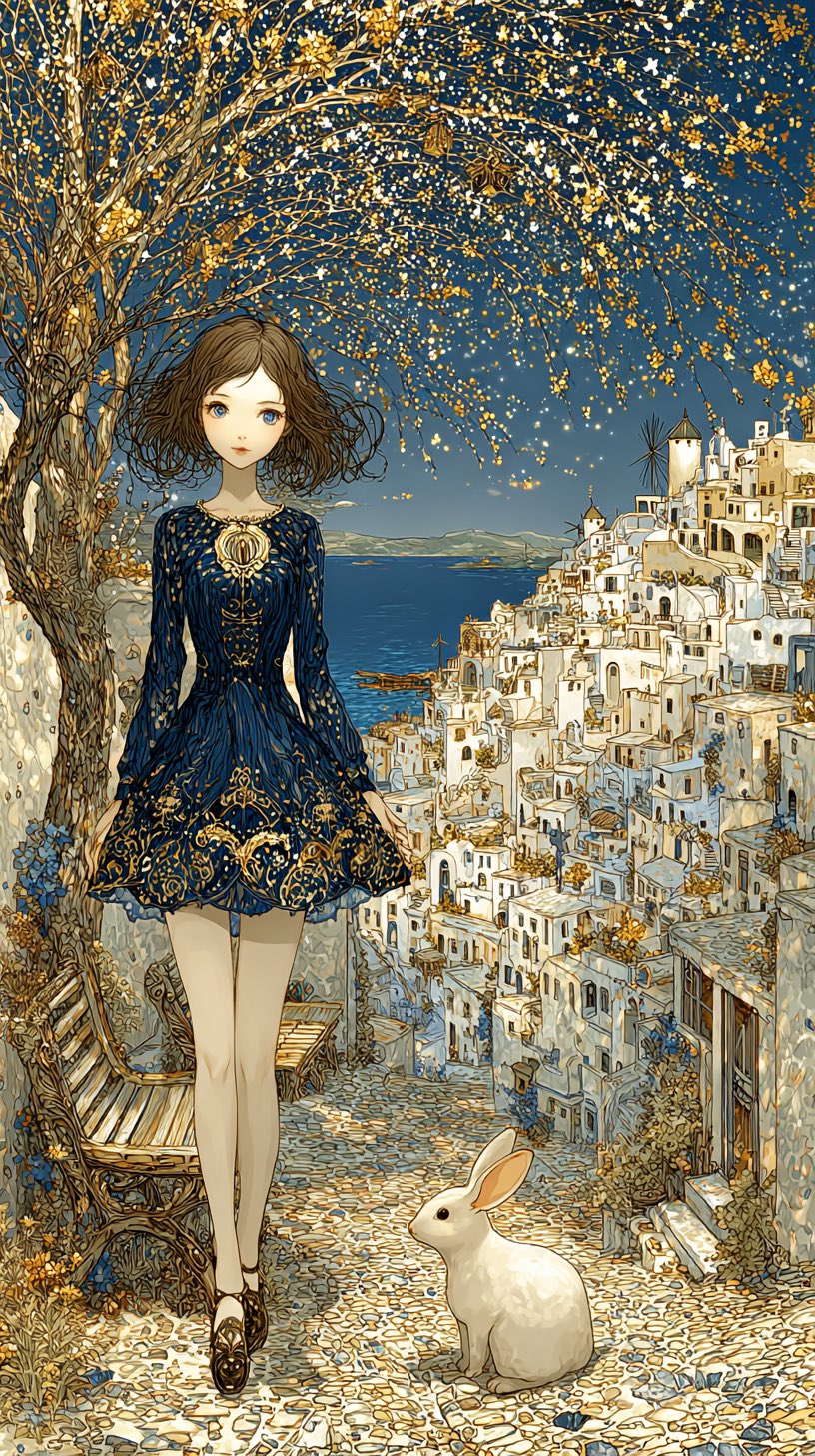 Beautiful Girl in a Mediterranean Night Village