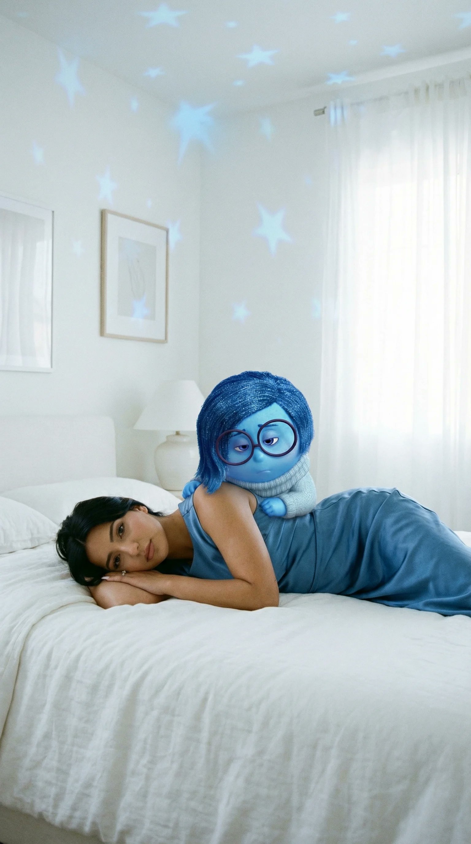 Emotional Portrait of a Blue-Skinned Character in a Modern Minimalist Bedroom