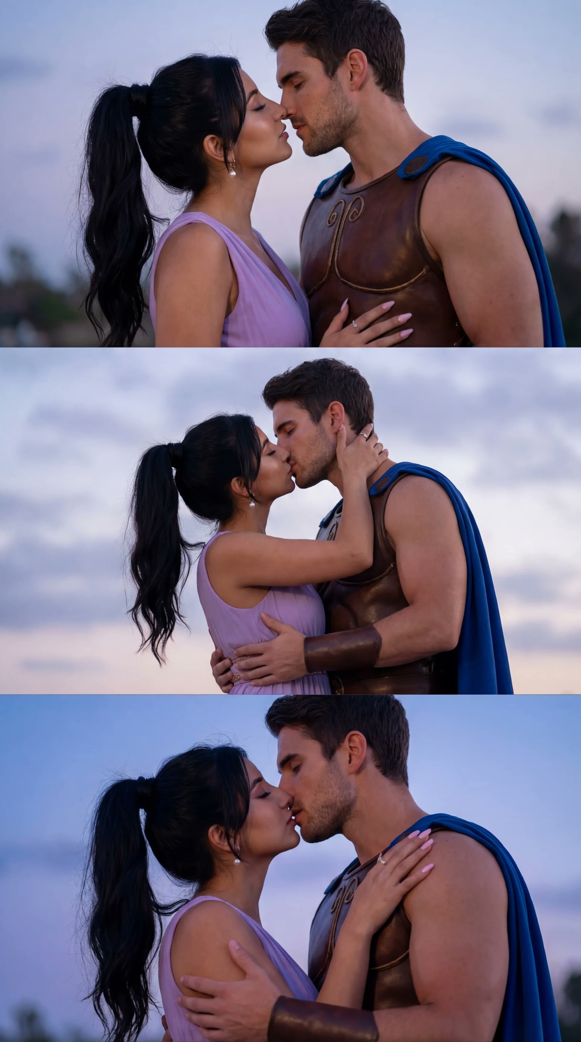 Cinematic Cosplay Couple in Mythic Greek Setting at Twilight