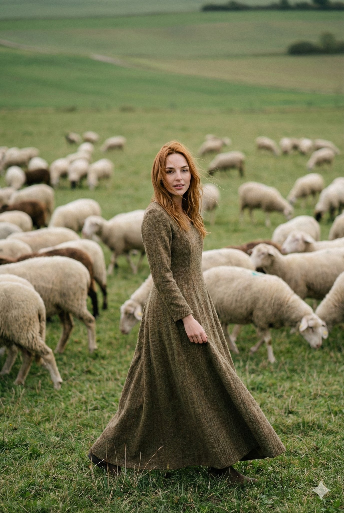 Medium Shot Photorealistic Editorial-Style Photo of Stylish Female on Open Pasture