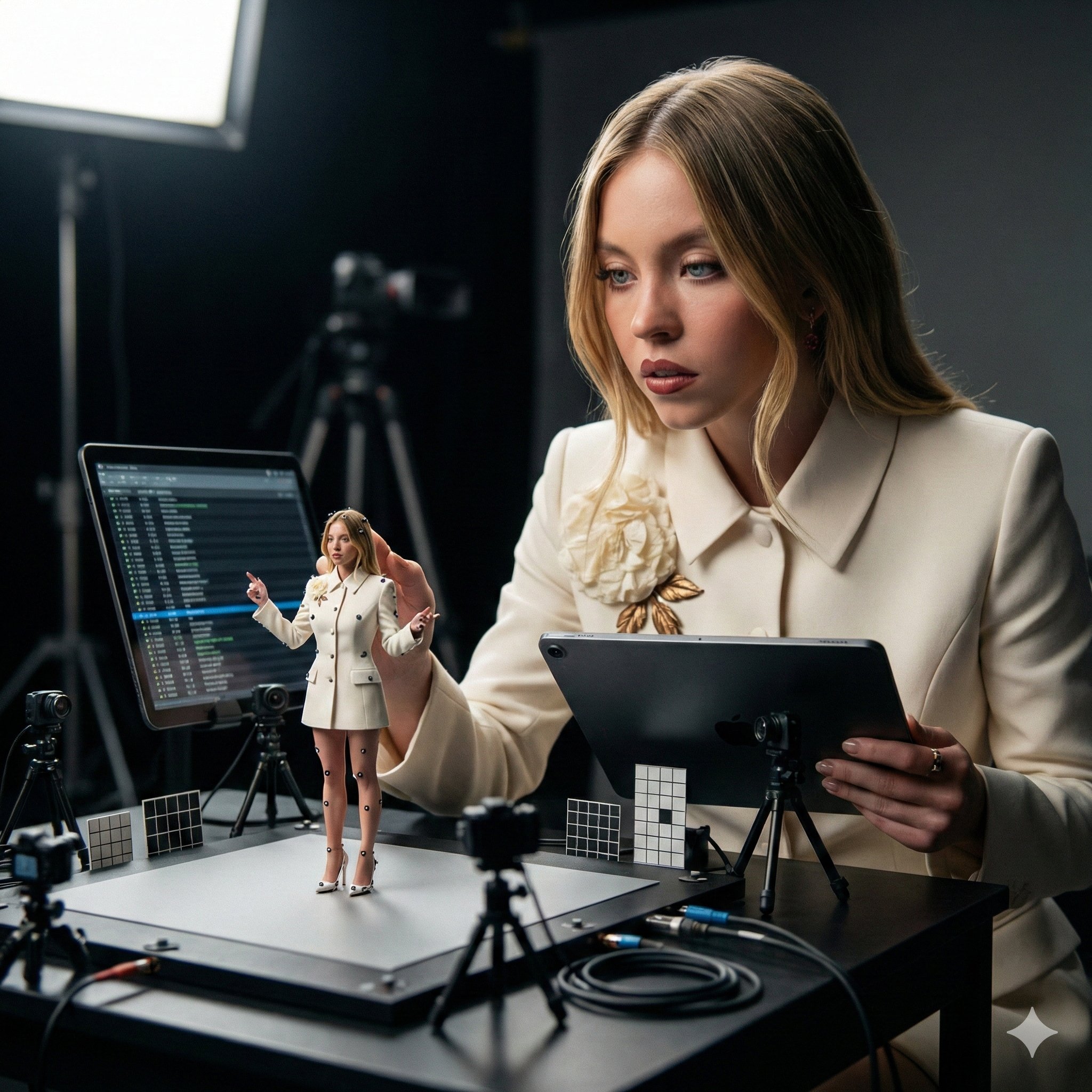 Cinematic Studio Scene of a Woman Directing a Miniature Motion-Capture Stage