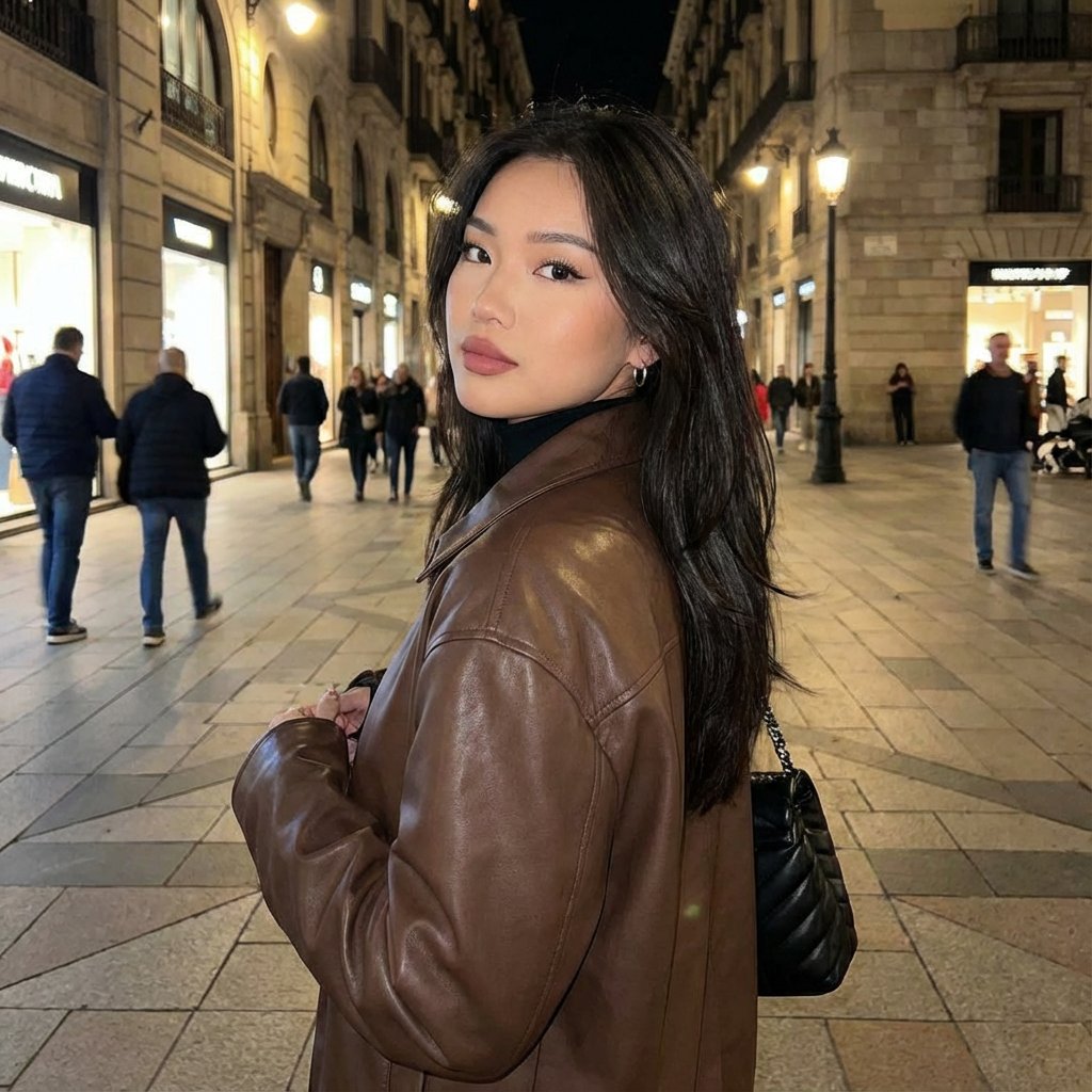 Young Woman on European City Street at Night
