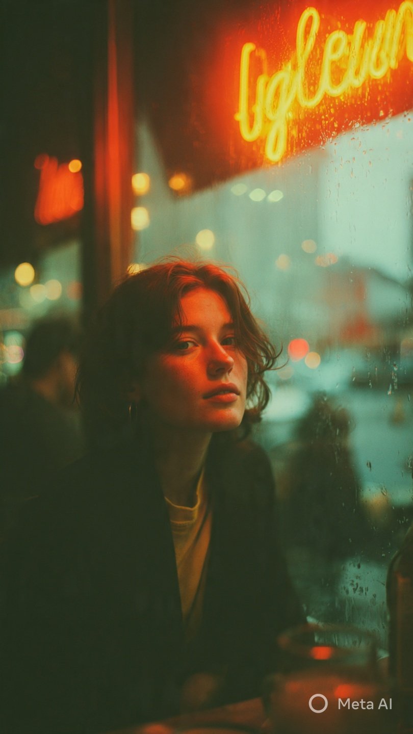 Low-light Cinematic Portrait of a Woman in a Café Corner