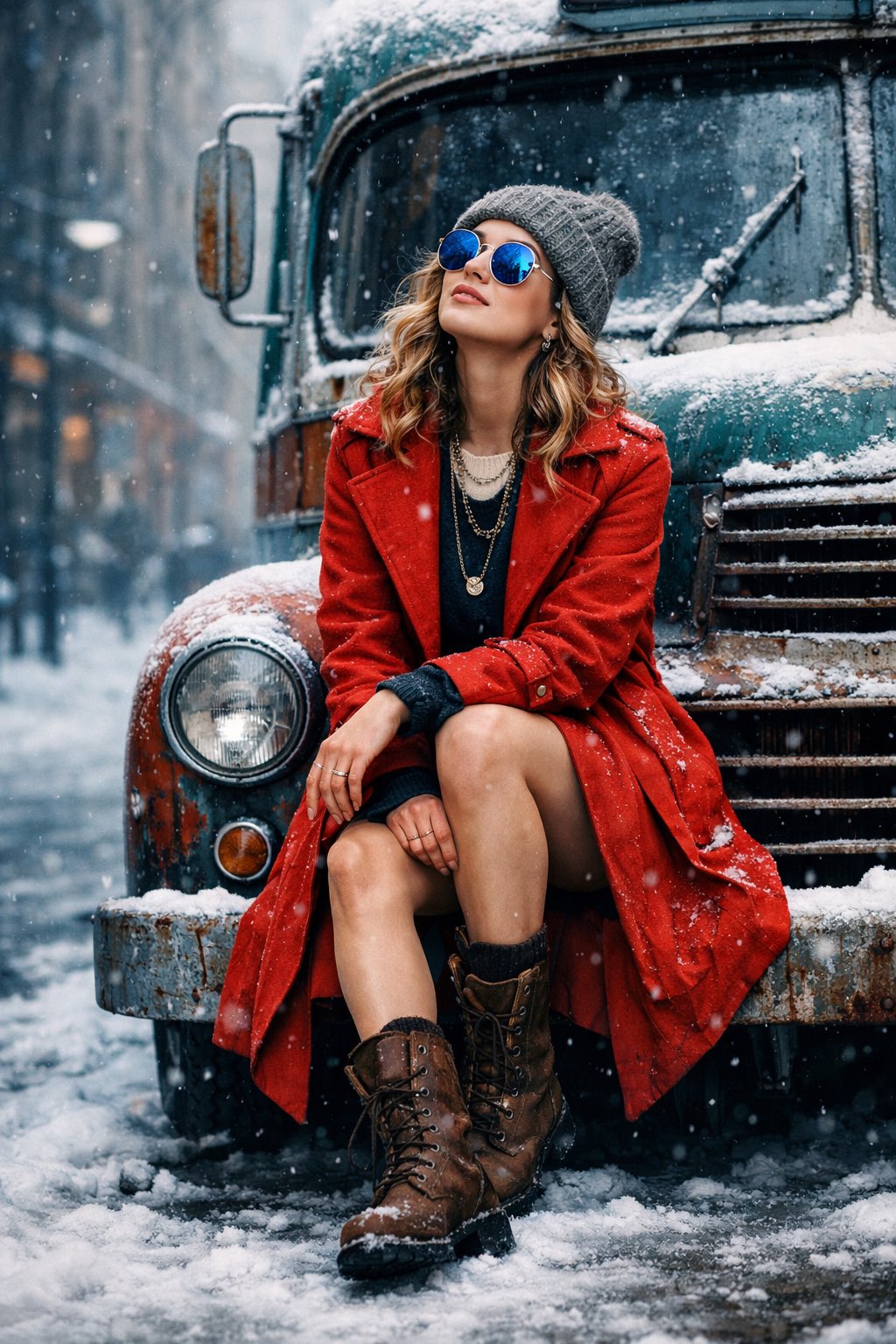 Stylish Young Woman on the Front Edge of an Old Vintage Bus