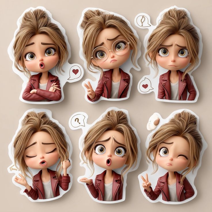 Cute 3D Chibi-Style Cartoon Girl Sticker Set