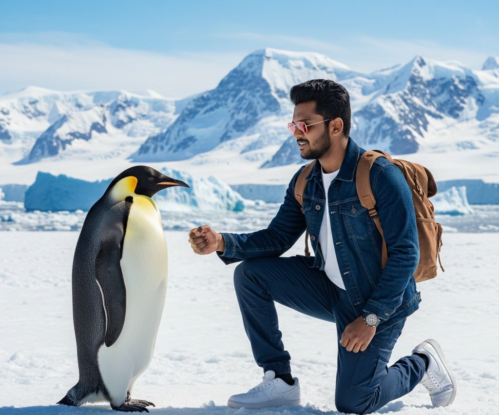 Moment with Emperor Penguins and a Human in Antarctica