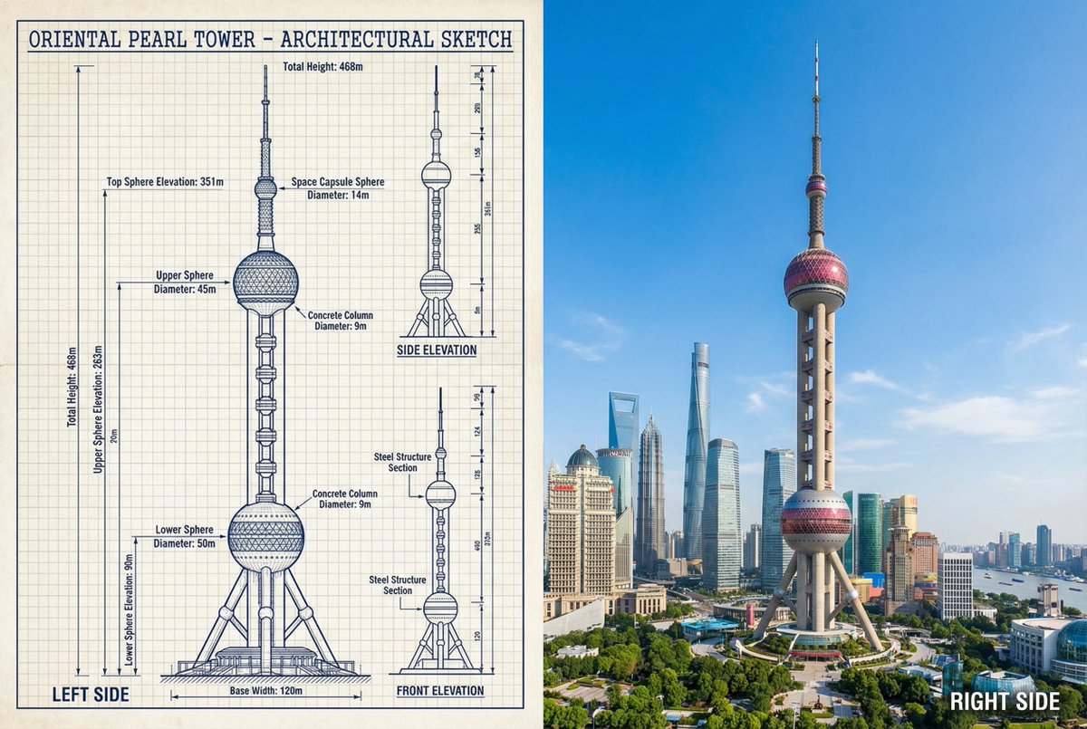 东方明珠塔草图与实景对比