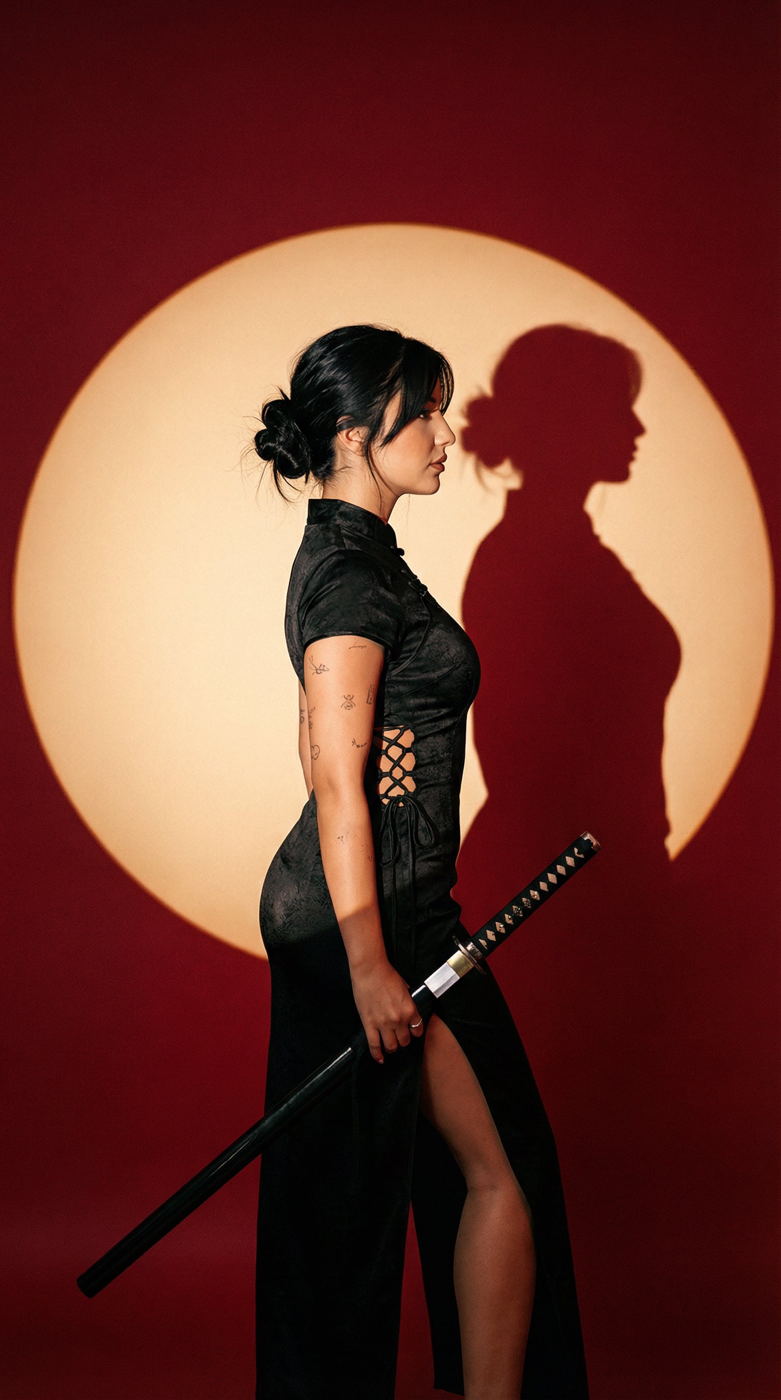 Modern Style Black Cheongsam Woman with Katana