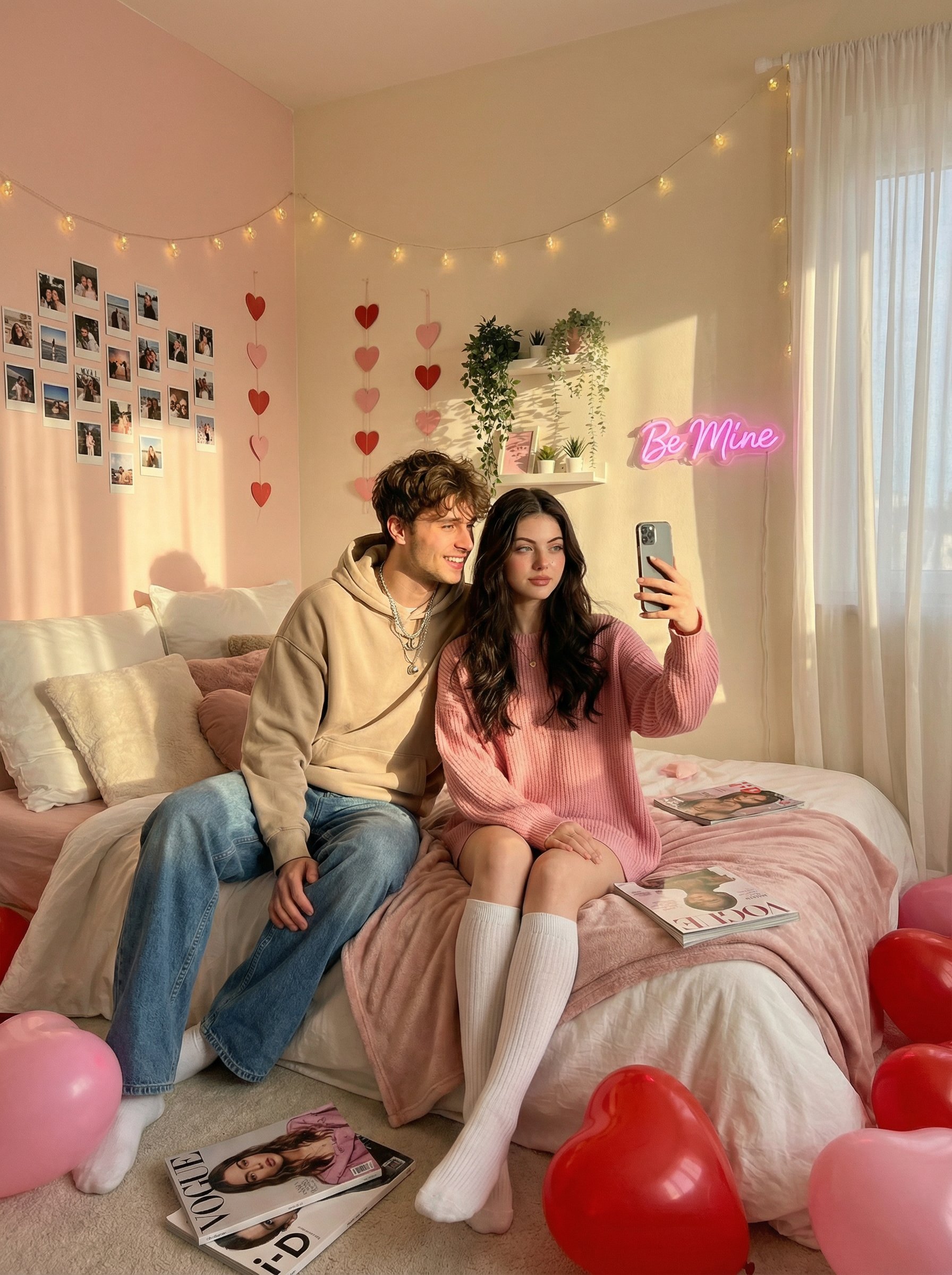 Trendy Gen Z Valentine's Day Photoshoot in a Modern Neon-Lit Studio