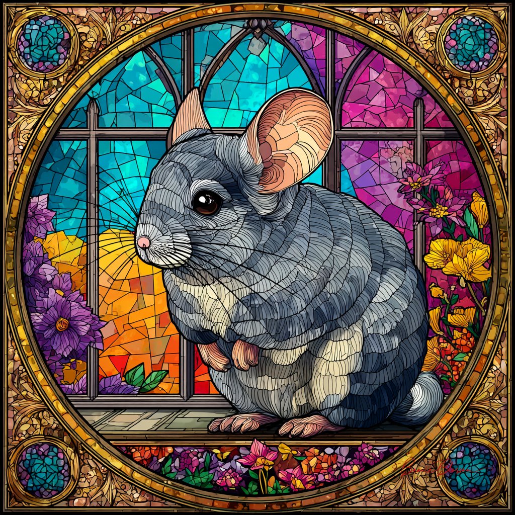 Cottagecore Stained Glass Illustration of an Adorable Chinchilla