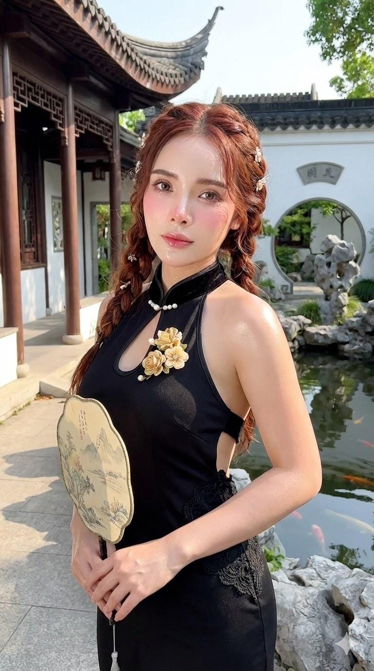 Traditional and Modern Blended Qipao Beauty in a Chinese Garden