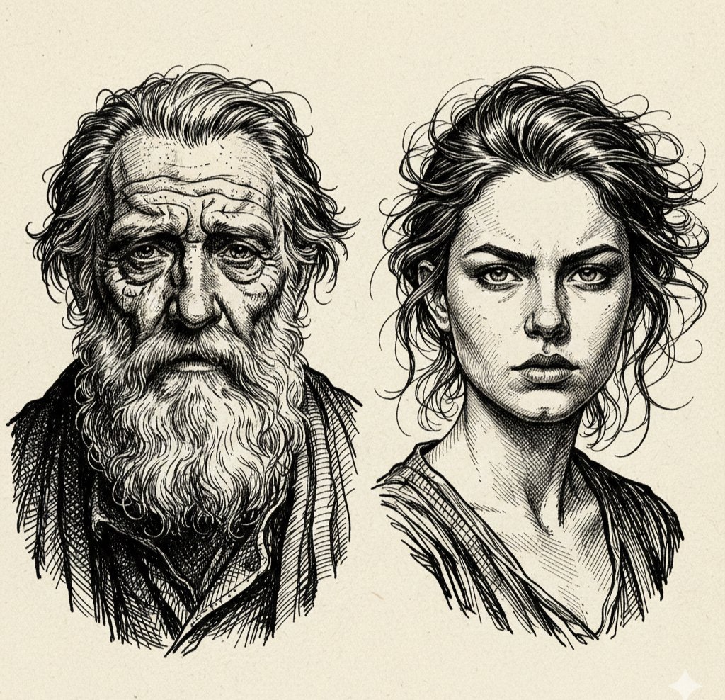 Black and White Ink Sketch of Two Portraits