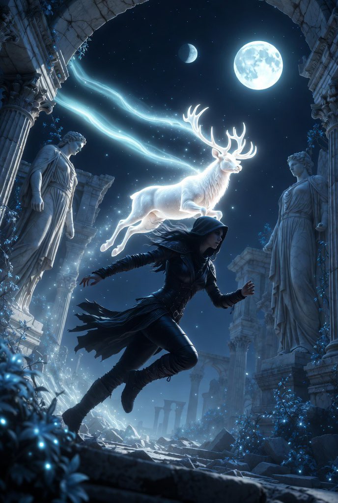 Mysterious Adventurous Female Rogue in Moonlit Ruins