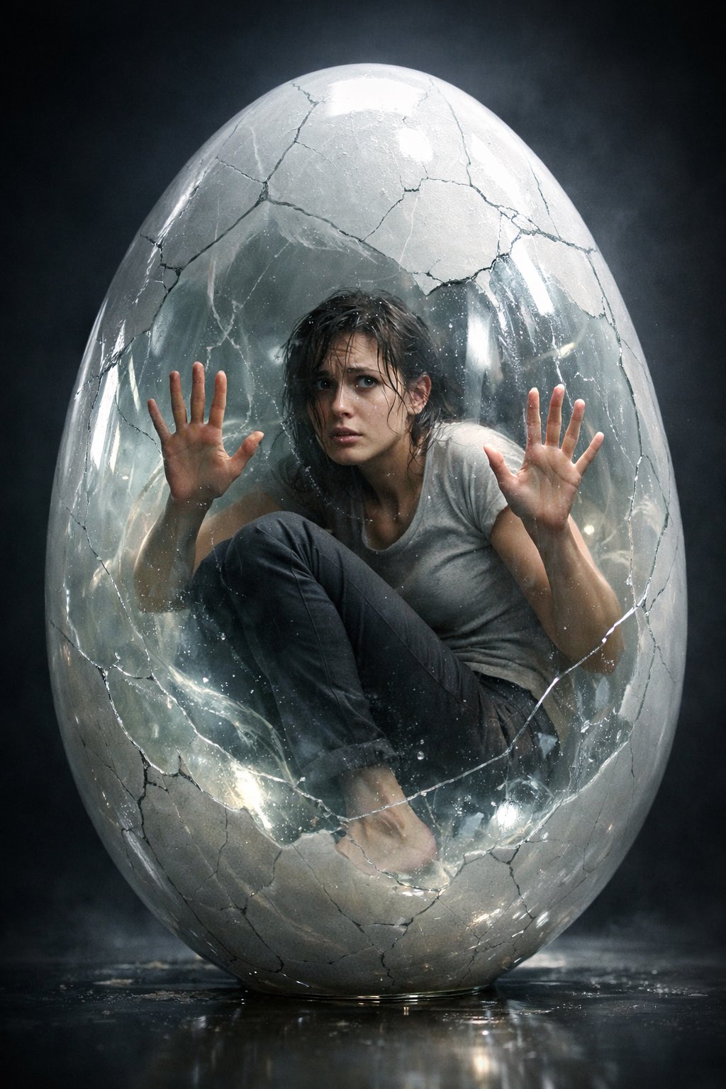 Distressed Young Woman Trapped in a Cracked Egg