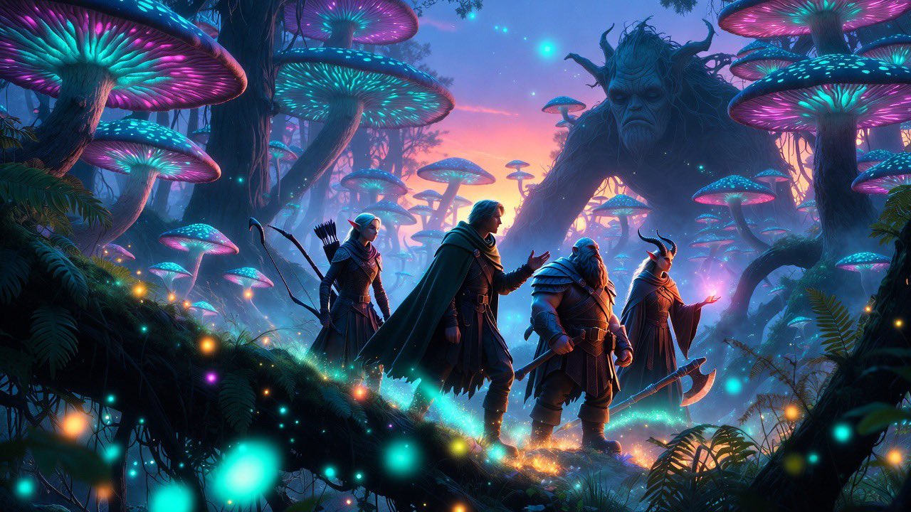 Adventurer Party Crossing a Bioluminescent Forest