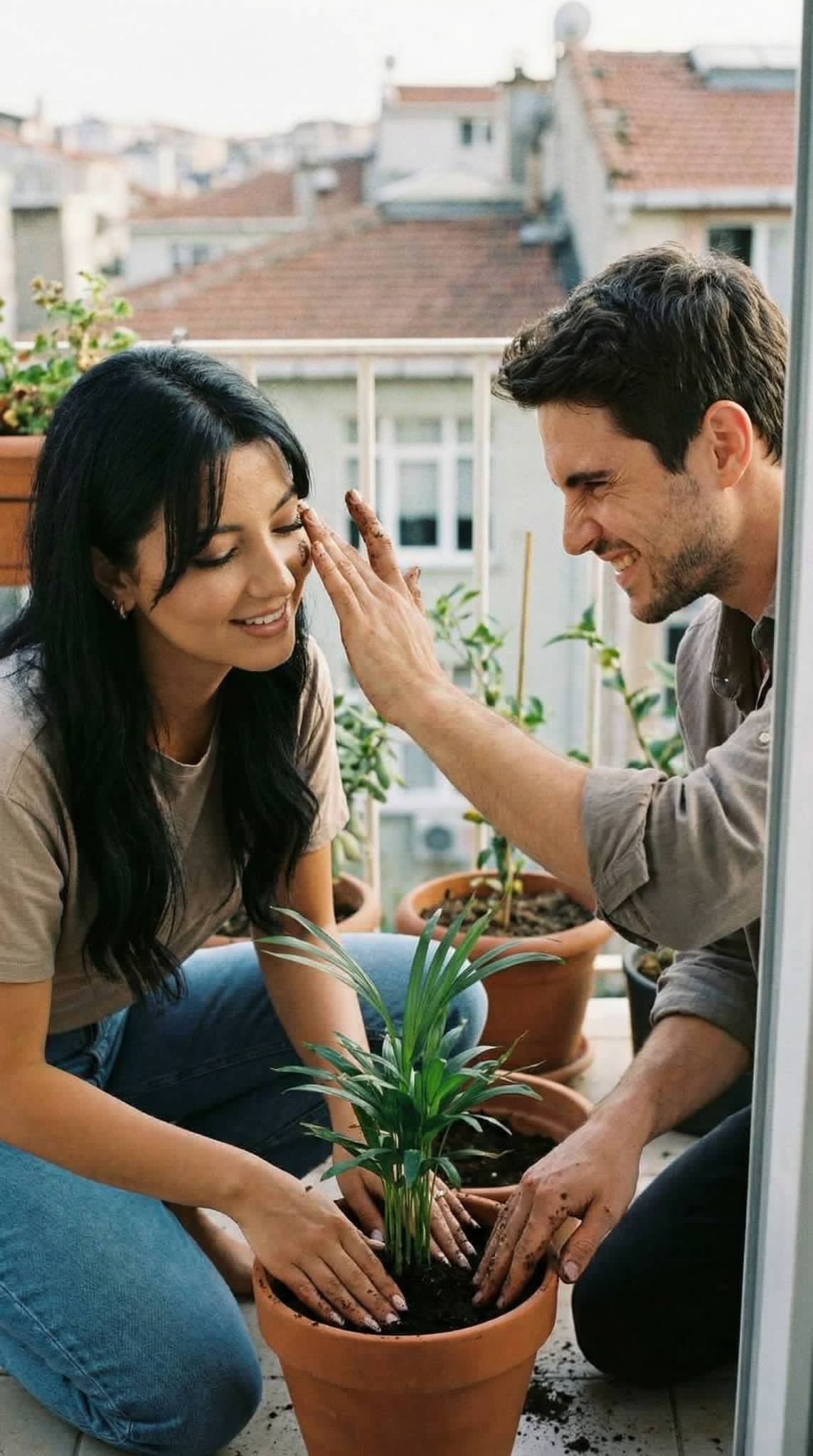 Couple Planting a Balcony Houseplant Together
