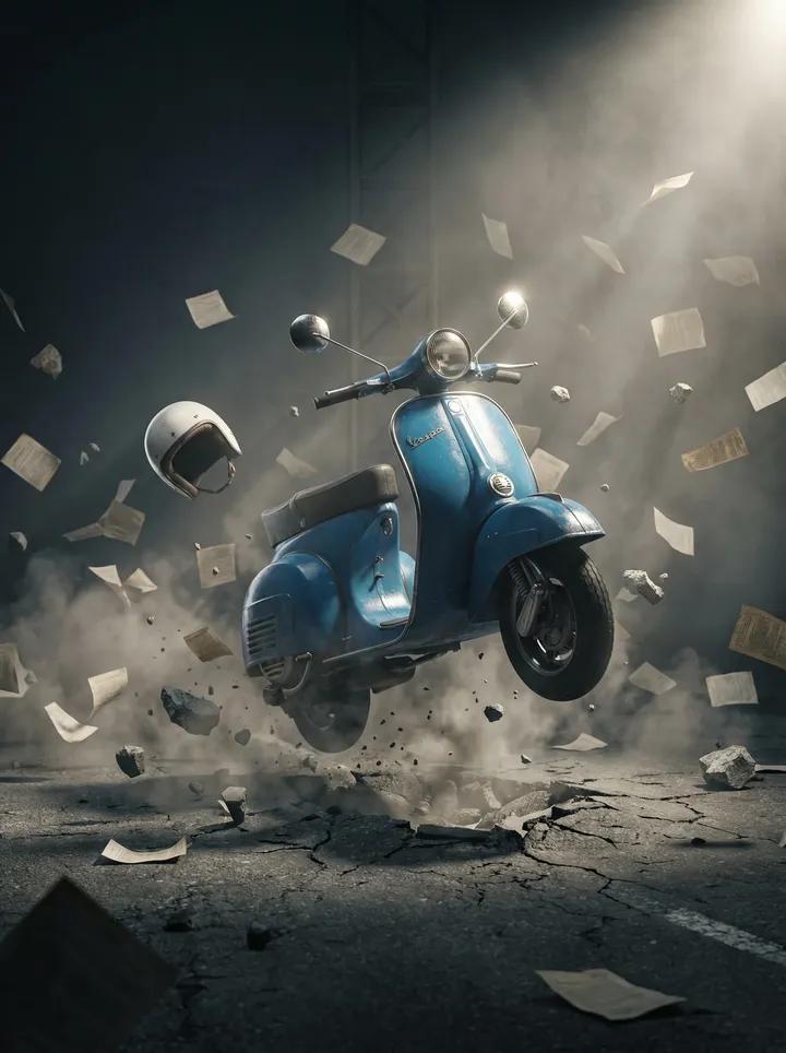 Hyper-Realistic Vintage Blue Vespa Scooter in Mid-Air Scene