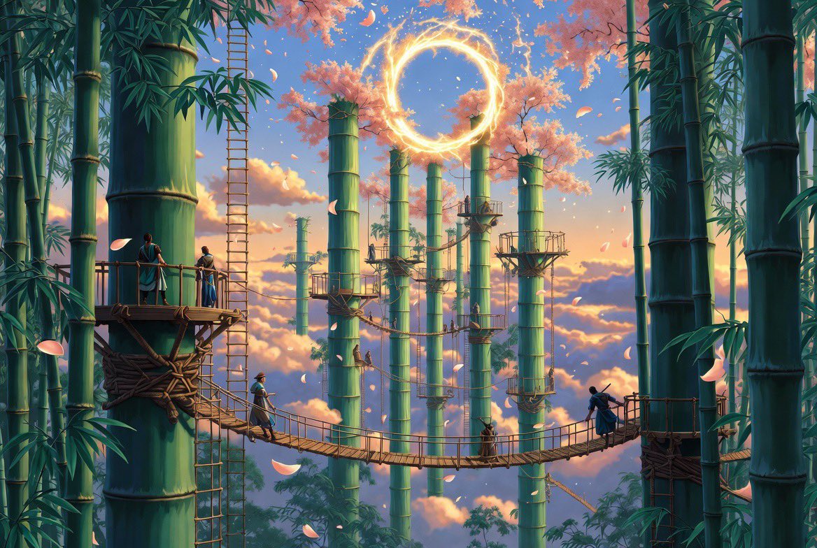 Ancient Jade Bamboo Forest Ascending into the Clouds with Adventurers and a Golden Portal