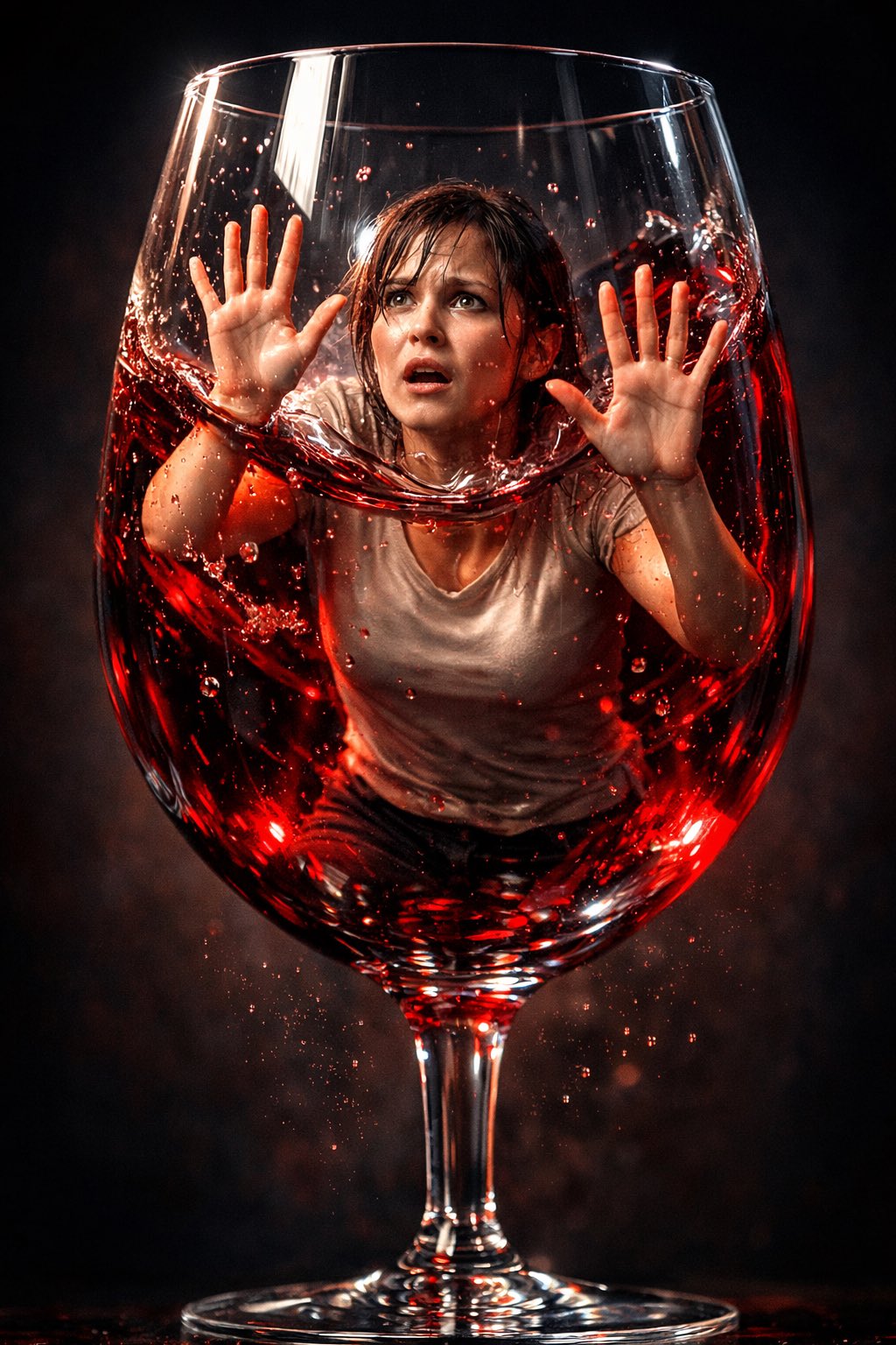 Ultra-Realistic Surreal Conceptual Portrait of a Distressed Young Woman Trapped in an Oversized Crystal Wine Glass