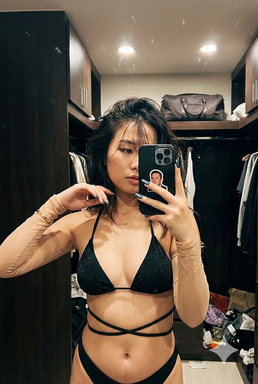 Young Asian Woman Taking a Casual Mirror Selfie in a Dimly Lit, Messy Walk-In Closet