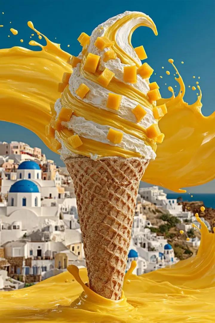 Giant Mango Ice Cream Storm in Santorini Summer Vibes