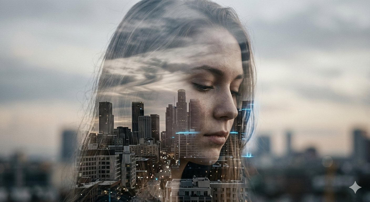 Double Exposure Photograph of a Young Woman with Urban Cityscape Silhouette