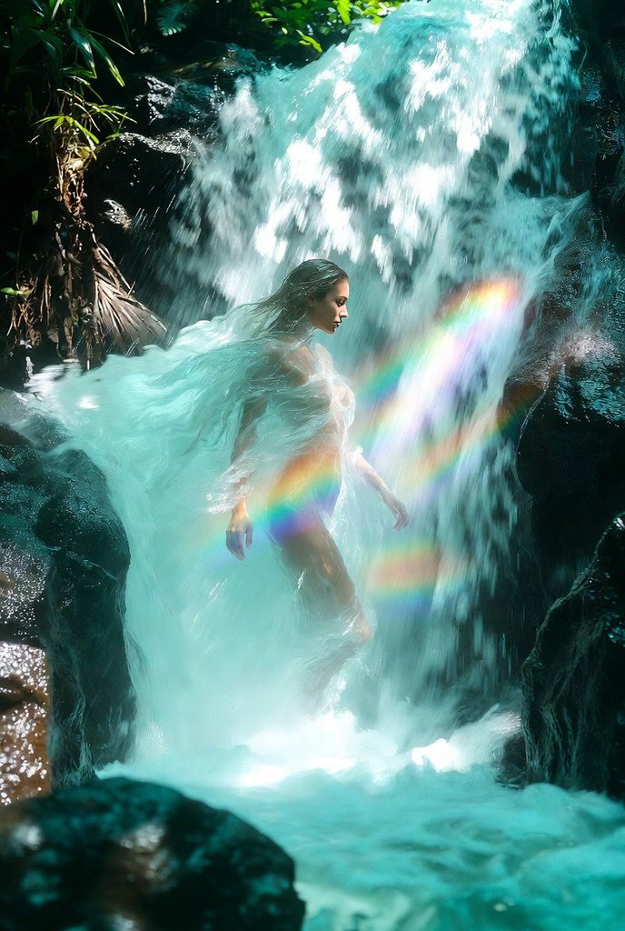 Semi-Transparent Water Spirit Woman in Waterfall