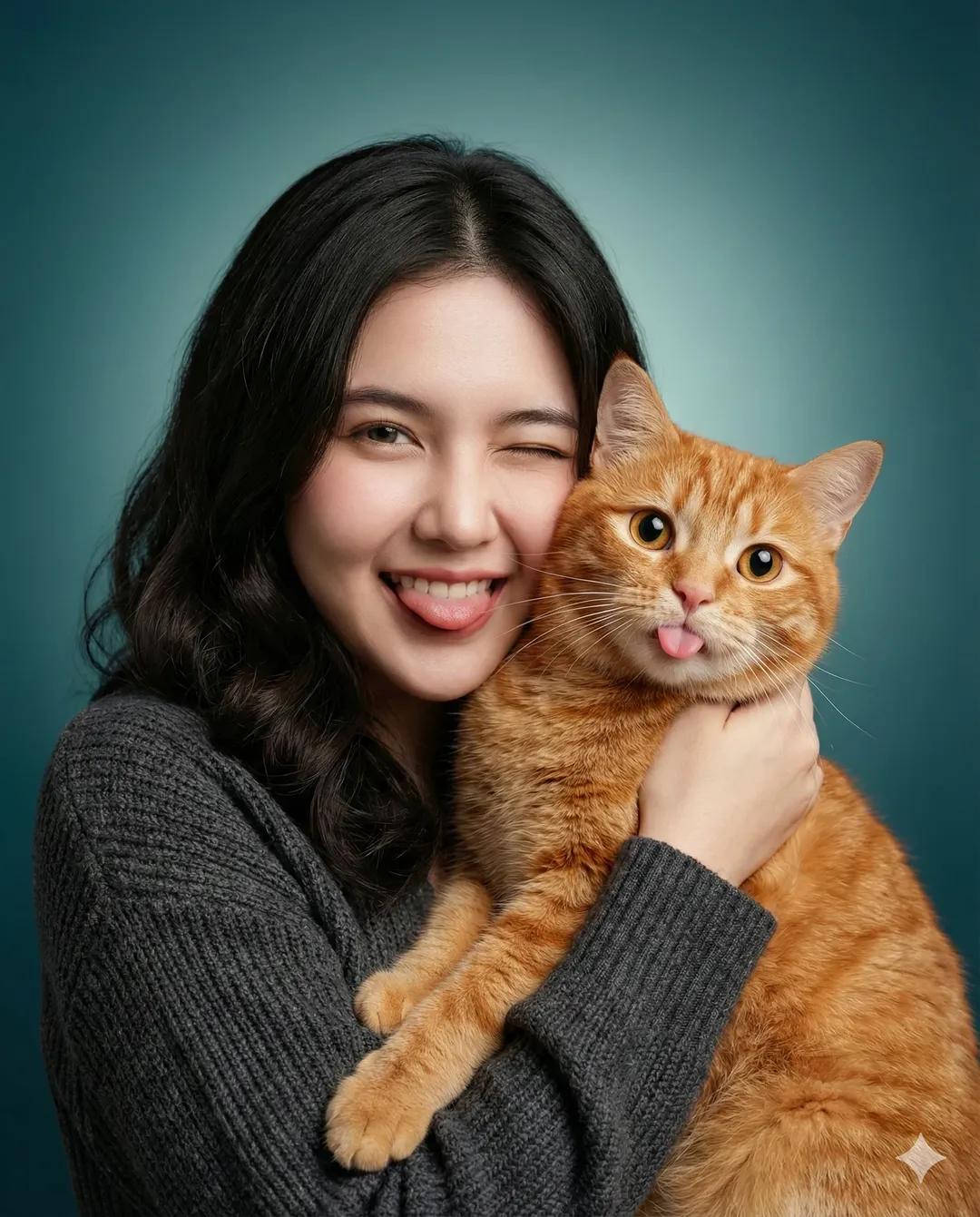 Heartwarming Studio Portrait of a Young Woman with a Cute Orange Tabby Cat