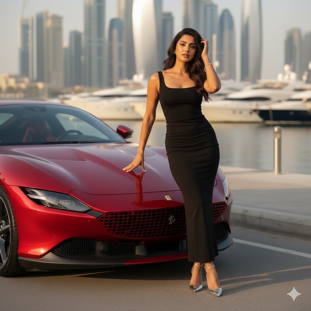 Ultra-detailed Photorealistic 8K Portrait of a Young South Asian Woman at Dubai Marina