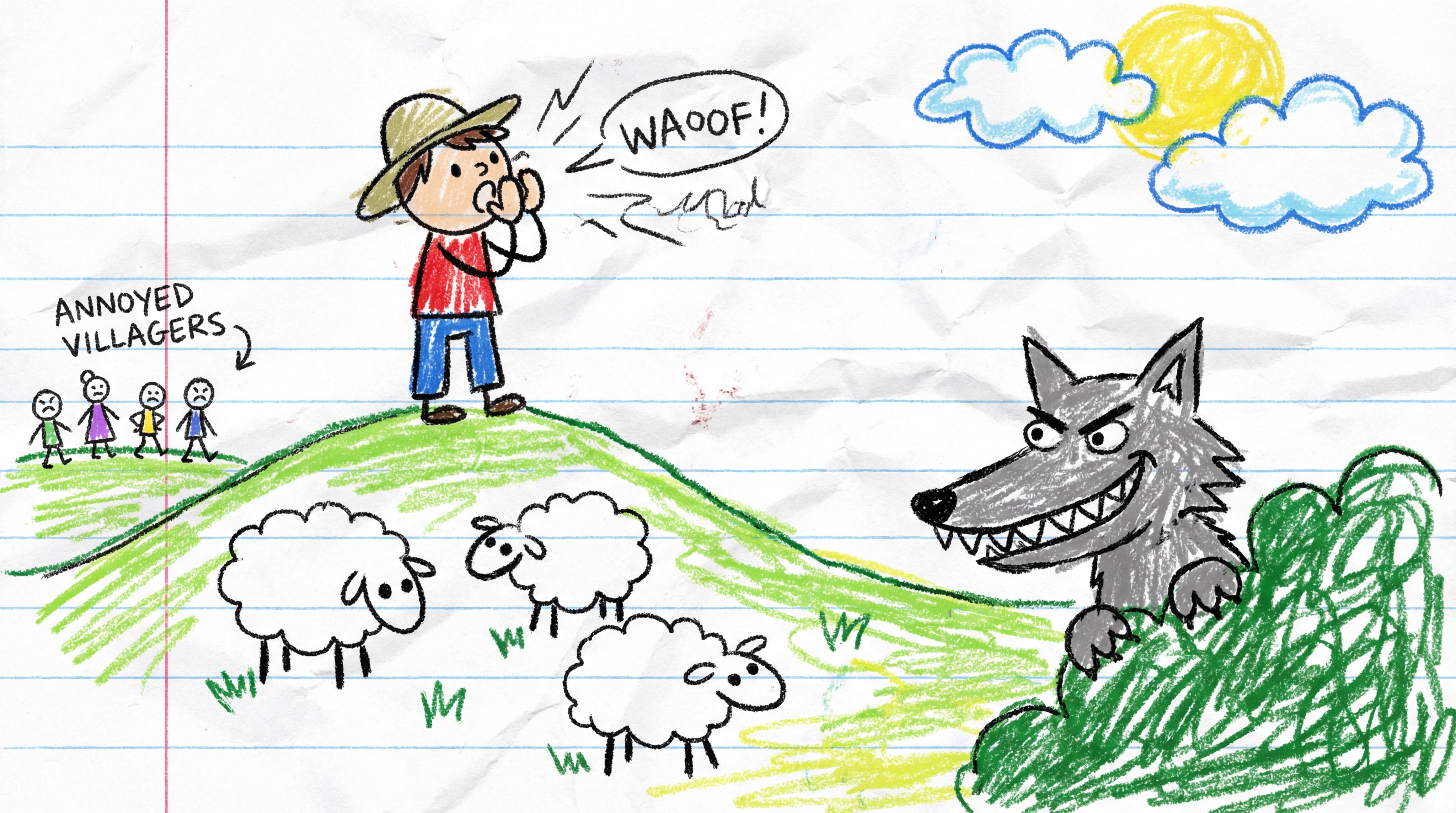 Child's Crayon Drawing on White Lined Notebook Paper
