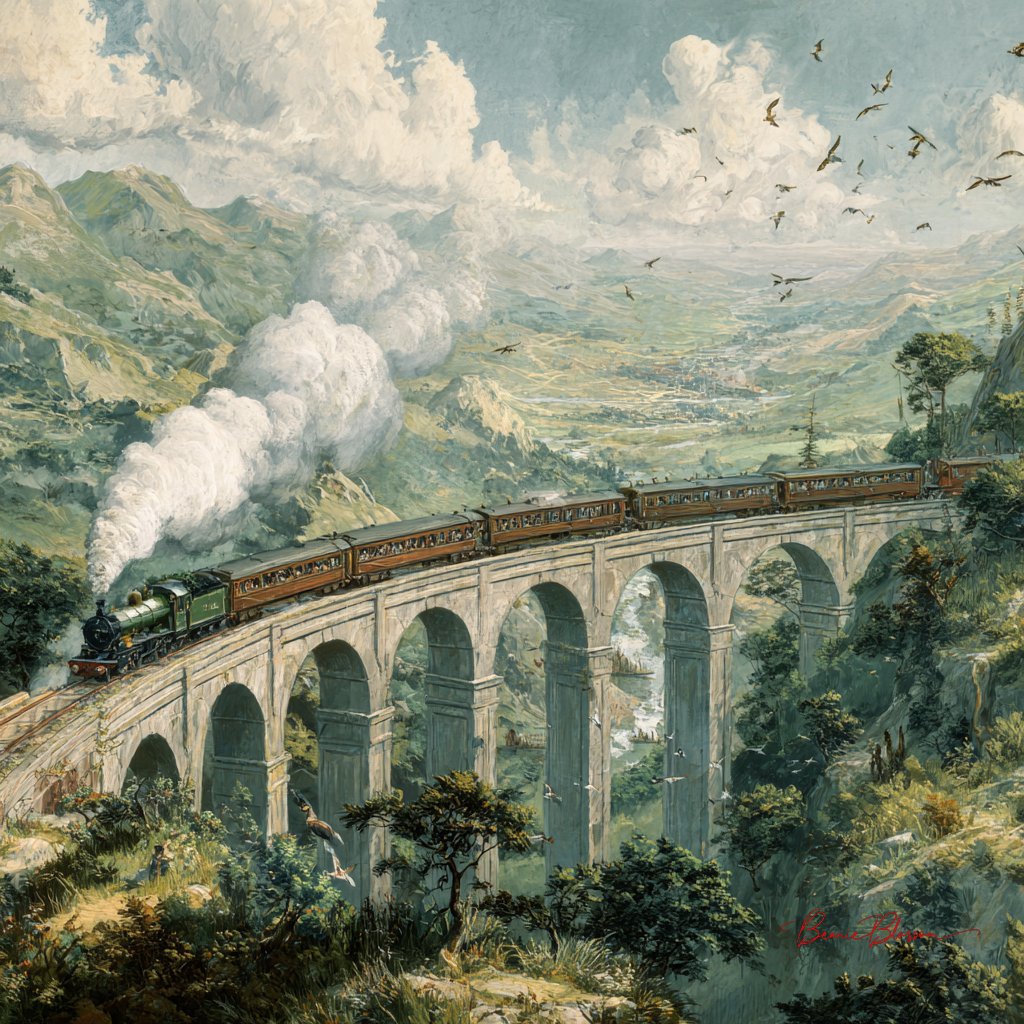 Vintage Steam Train Crossing a High Arched Viaduct Over a Lush Green Valley